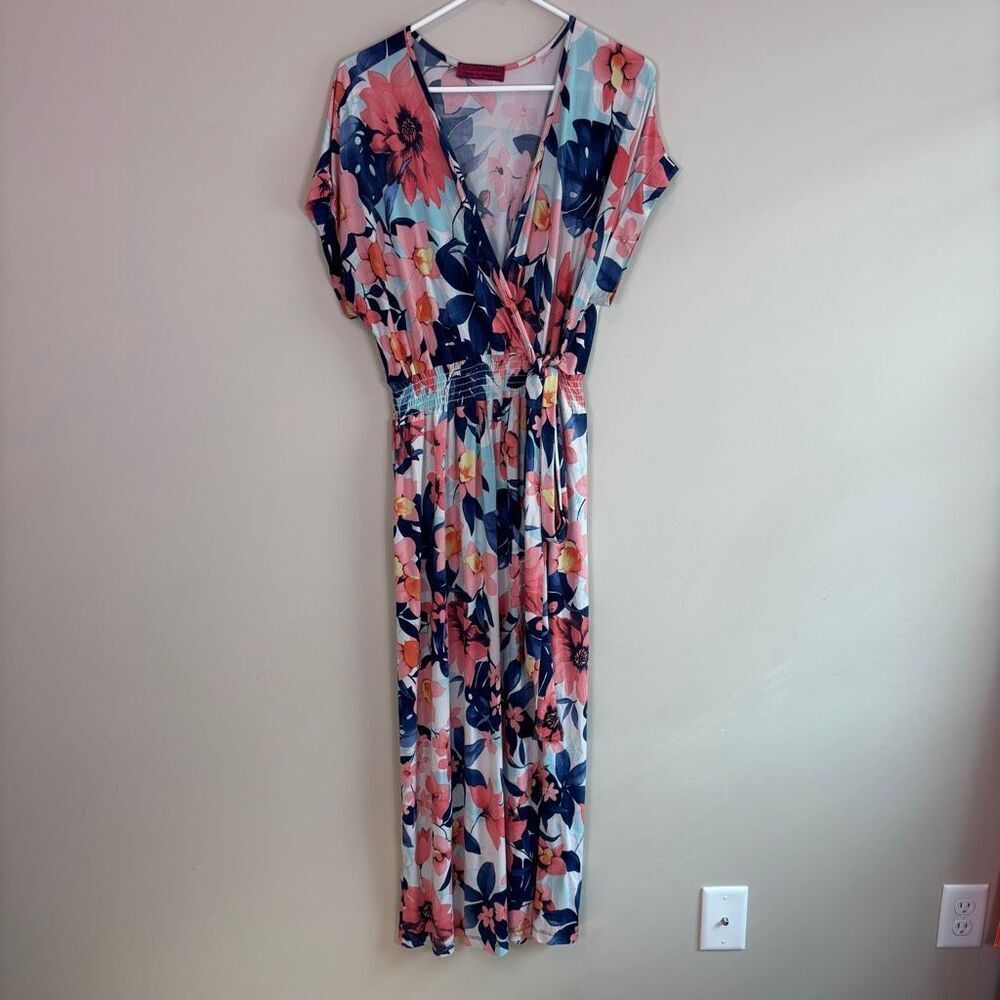 Melissa Masse Pink and Blue V Neck Faux Wrap Maxi Dress Size Small